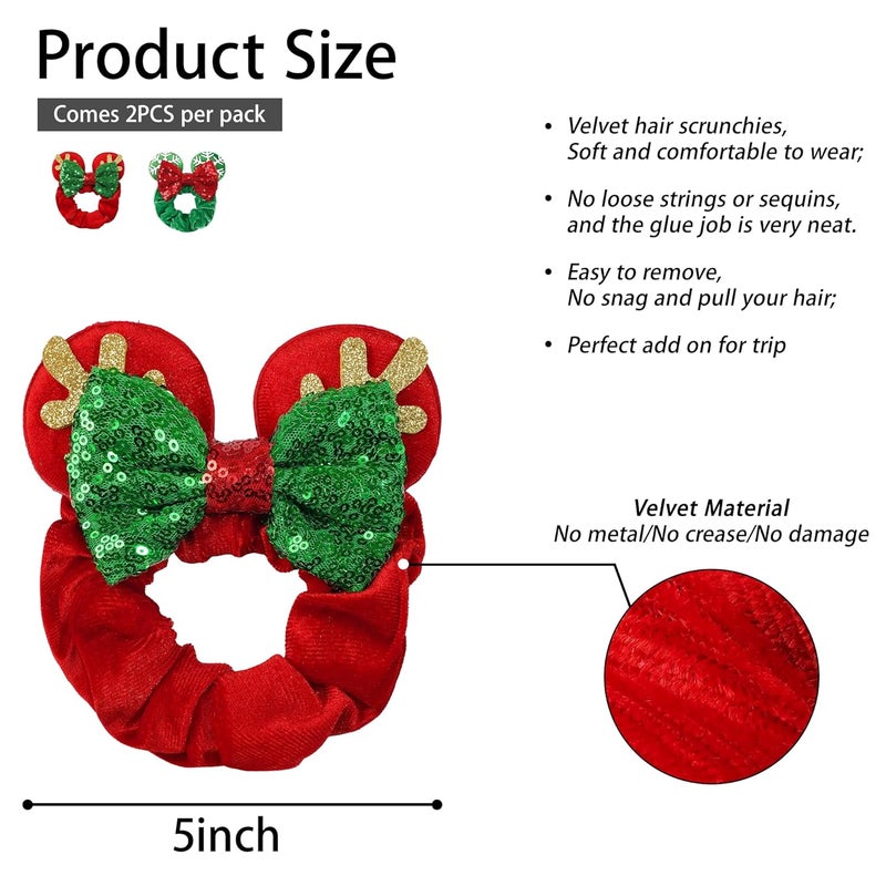 CellElection 2 Pack Mouse Ears Christmas Scrunchies Sequin Mouse Bows Velvet Hair Scrunchies Hair Ties Elastic Rubber Bands Ponytail Holders for Kids Women Girls Christmas - Image 3